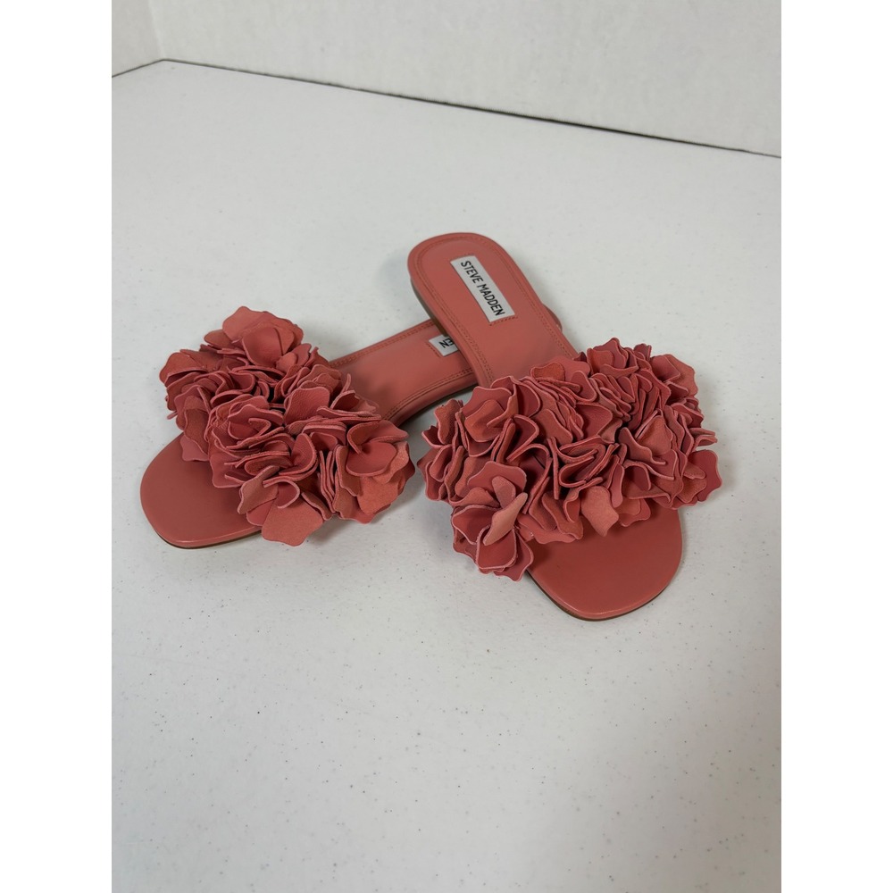 Steve Madden Women FLO Coral Pink Ruffled Floral Slide Sandals Size 8.5M NWOT